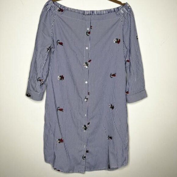 ESQUALO Dresses & Skirts - Esqualo Blue White Striped Off-Shoulder Shirt Dress Floral Women's 8